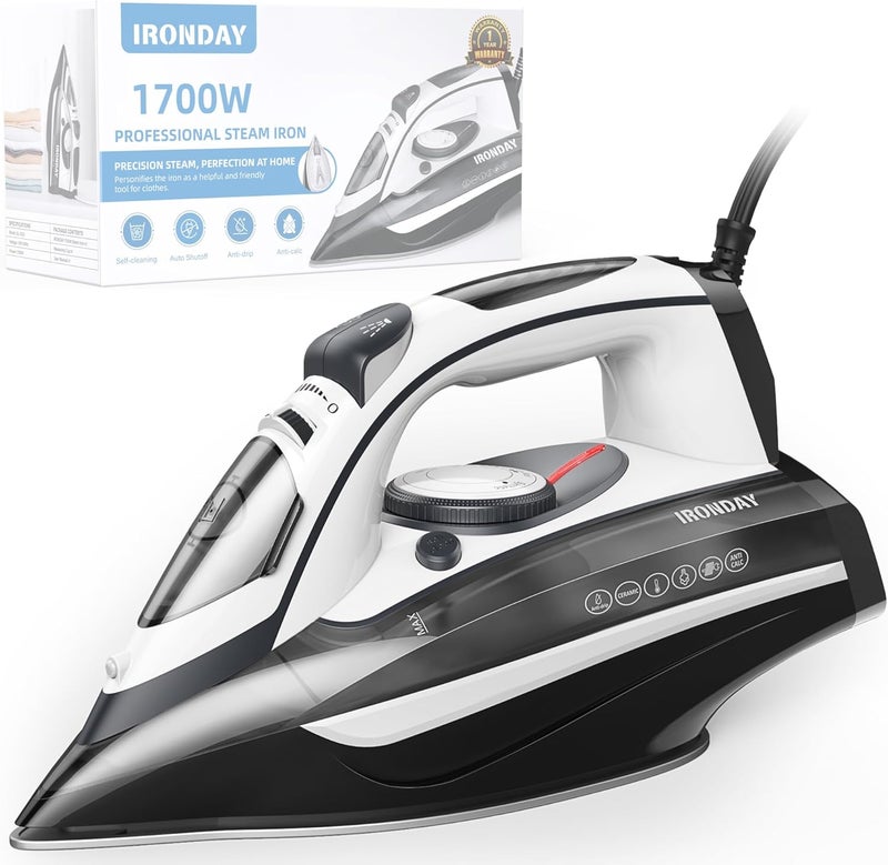 IRONDAY 1700W Steam Iron for Clothes 20s Fast Heat-up, Non-Stick Ceramic Soleplate, 14.07oz Large Water Tank, Auto-Off, Burst Steam, Self-Cleaning, roning Clothes for Home - Image 1